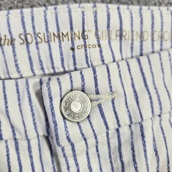 Chico's So Slimming Girlfriend Crop Jeans White Blue Painted Stripe Beachy - Picture 8 of 10